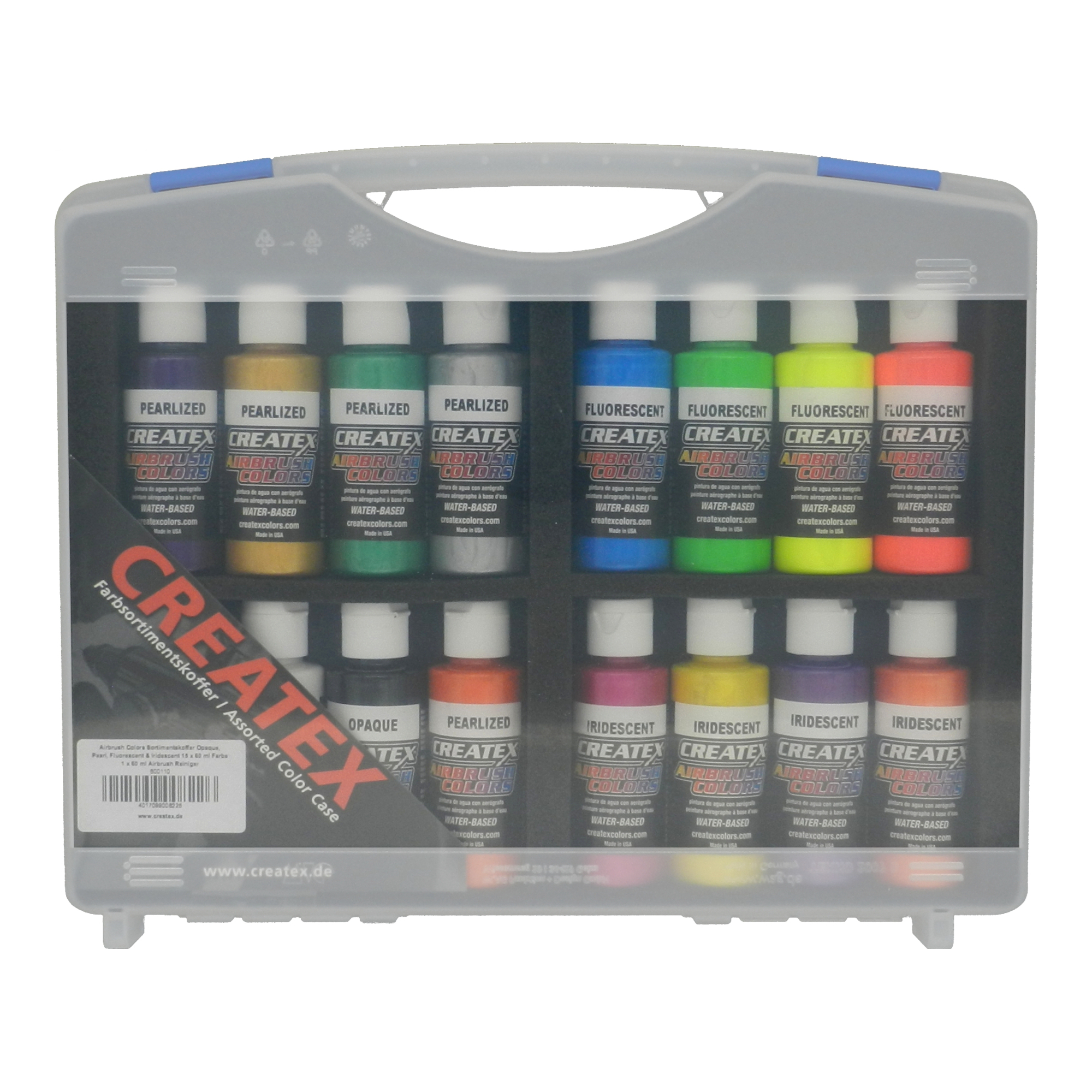 Airbrush Colors Case Opaque, Pearl, Fluorescent & Iridescent 15 x 60 ml Paint 1 x 60 ml Airbrush Cleaner